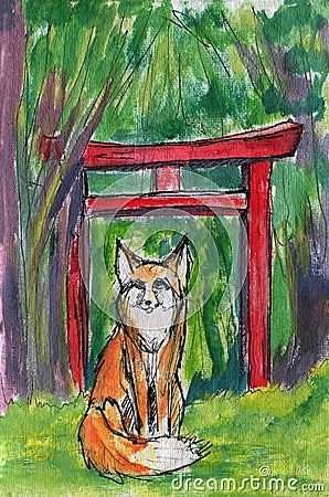 Watercolor illustration. A fox, red Japanese torii gates, forest Cartoon Illustration