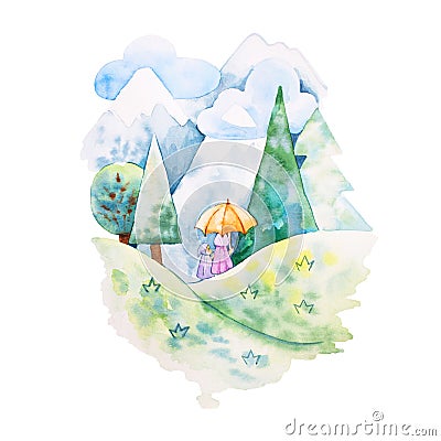 Watercolor illustration. Foxes mother and daugther on the hill i Cartoon Illustration