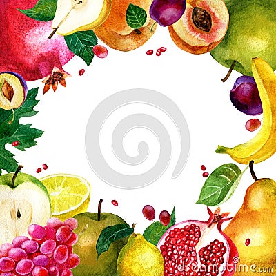 Watercolor illustration, frame of fruits. Vegetarian food. Apple, pear, pomegranate, grapes, lemon, plum, banana and peach Cartoon Illustration