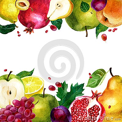 Watercolor illustration, frame of fruits. Vegetarian food. Apple, pear, pomegranate, grapes, lemon, plum and peach. Cartoon Illustration
