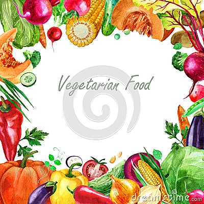 Watercolor illustration, frame of vegetables. Vegetarian food. Cartoon Illustration