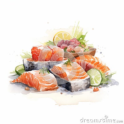 Watercolor Illustration Of Fresh Salmon Sashimi On White Background Stock Photo