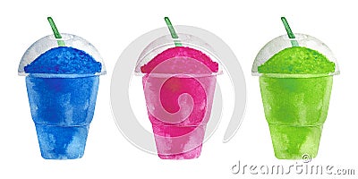 Watercolor frosty ice raspberry, pink, blue and green berry smoothie slush in a clear plastic container with a straw Cartoon Illustration