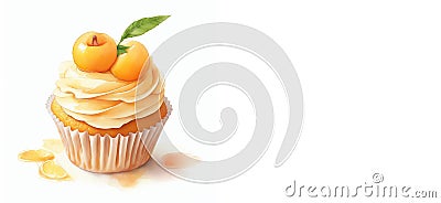 watercolor illustration, fruit cake, berry dessert, apricot cupcake, place for text Cartoon Illustration