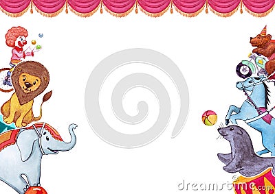 Watercolor illustration with funny animals and artists, templatefor poster, banner, card. Circus, show, performance. Cartoon Illustration