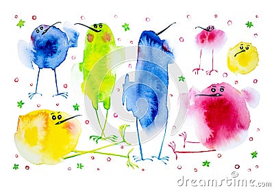 Watercolor illustration of funny birds, childish, set. Print, elements for design. Isolated on white background Cartoon Illustration