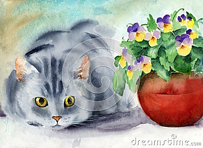 Watercolor illustration of a funny fluffy gray cat Cartoon Illustration