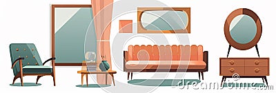 Watercolor illustration of furniture for living room: sofa, armchair, mirror etc. created with generative ai tools Cartoon Illustration