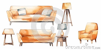 Watercolor illustration of furniture for living room: sofa, armchair, mirror etc. created with generative ai tools Cartoon Illustration