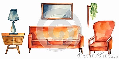 Watercolor illustration of furniture for living room: sofa, armchair, mirror etc. created with generative ai tools Cartoon Illustration