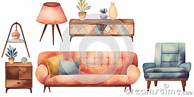 Watercolor illustration of furniture for living room: sofa, armchair, mirror etc. created with generative ai tools Cartoon Illustration