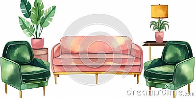 Watercolor illustration of furniture for living room: sofa, armchair, mirror etc. created with generative ai tools Cartoon Illustration