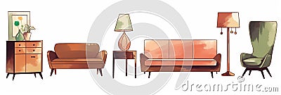 Watercolor illustration of furniture for living room: sofa, armchair, mirror etc. created with generative ai tools Cartoon Illustration