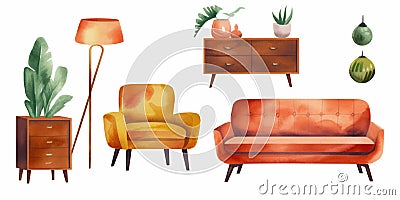 Watercolor illustration of furniture for living room: sofa, armchair, mirror etc. created with generative ai tools Cartoon Illustration