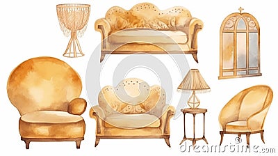 Watercolor illustration of furniture for living room: sofa, armchair, mirror etc. created with generative ai tools Cartoon Illustration