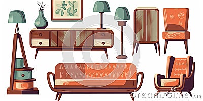 Watercolor illustration of furniture for living room: sofa, armchair, mirror etc. created with generative ai tools Cartoon Illustration