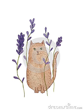 Watercolor illustration of ginger car with lavender flowers Cartoon Illustration