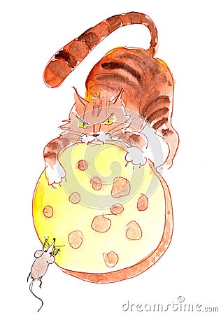 Watercolor illustration ginger cat and mouse eat one piece of delicious cheese Cartoon Illustration