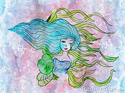 Watercolor illustration of girl with colorful hair. Cartoon Illustration