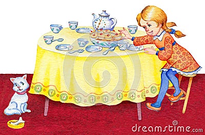 Watercolor illustration. Girl takes cookies with festive table Cartoon Illustration