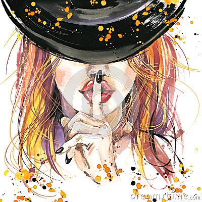watercolor illustration Girl witches and Halloween party Cartoon Illustration
