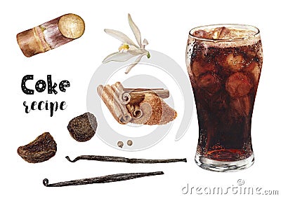 Watercolor illustration of a glass of cola and its ingredients, isolated on white background. Cartoon Illustration