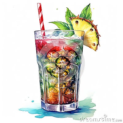 Watercolor illustration of a glass of fresh pineapple cocktail with a straw Cartoon Illustration