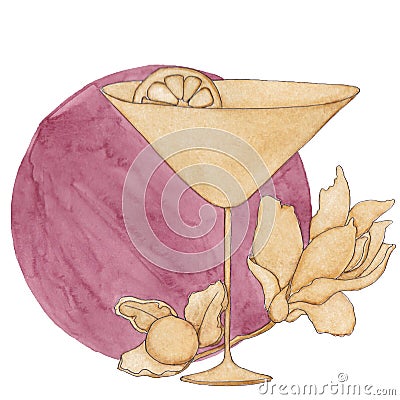 Watercolor illustration of a glass with lemon a flower in yellow on a burgundy background Cartoon Illustration