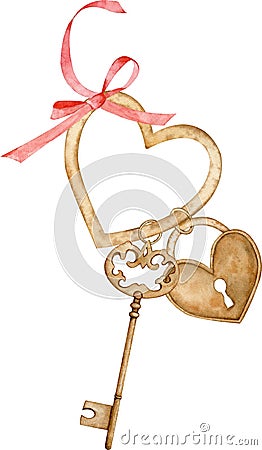 Watercolor illustration of a golden key and lock hanging on the heart-shaped ring with a red bow. Cartoon Illustration