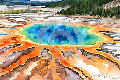 Watercolor illustration of the grand prismatic pool, Yellowstone National Park. Cartoon Illustration