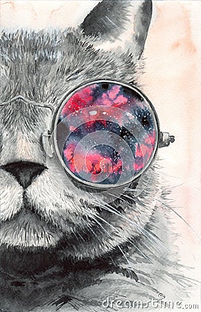 Watercolor illustration of a gray fluffy cat in round glasses Cartoon Illustration