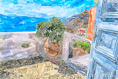 Watercolor illustration of Greek Island Santorini Cartoon Illustration