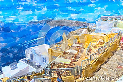 Watercolor illustration of Greek Island Santorini town names Ia. View over caldera and traditional houses Cartoon Illustration