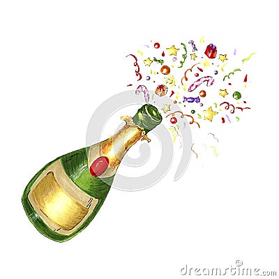 Watercolor illustration of green champagne bottle is popping with colorful confetti. Hand drawn concept for New Year, Cartoon Illustration