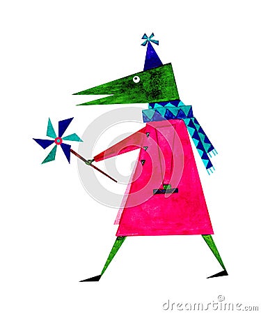 Watercolor illustration of a green crocodile in a red coat and a scarf walking with a turntable in his hand. Cartoon Illustration