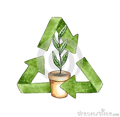Garbage recycling sign and potted plant watercolor Cartoon Illustration