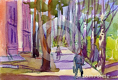 Watercolor Illustration of a green street, houses and pedestrians Stock Photo