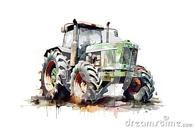 Watercolor illustration of green tractor with vibrant paint splatters on white background Cartoon Illustration
