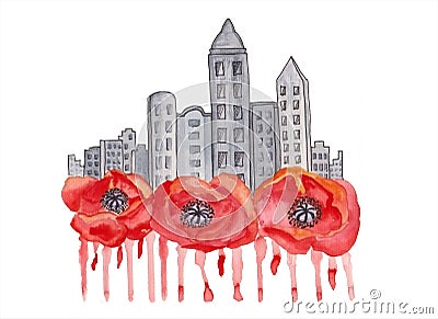 Watercolor illustration of grey town, red poppies and streaks of blood for war design on white isolated background Cartoon Illustration