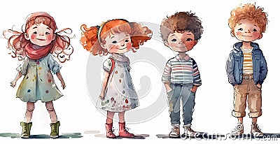 Watercolor Illustration of a group of preschooler children, funny little kids, happy boys and girls, standing in a row Stock Photo