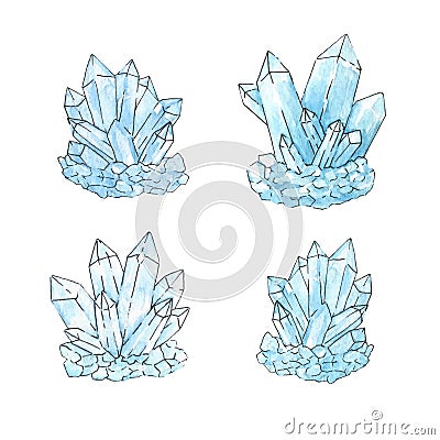 Watercolor illustration of group of quartz crystals in sketchy s Vector Illustration