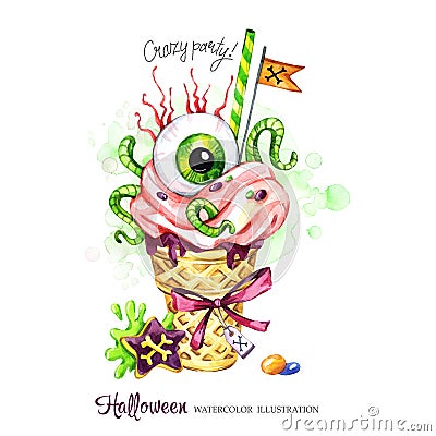 Watercolor illustration. Halloween holidays card. Hand painted waffle cone, human eye with cream and worms. Funny ice Cartoon Illustration