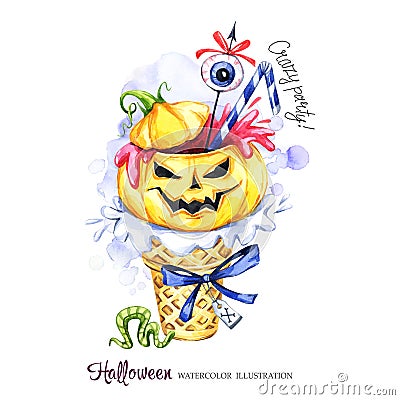 Watercolor illustration. Halloween holidays card. Hand painted waffle cone, pumpkin with blood, eye . Funny ice cream Cartoon Illustration