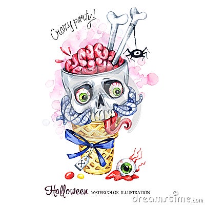 Watercolor illustration. Halloween holidays card. Hand painted waffle cone, skull with brains and worms. Funny ice cream Cartoon Illustration