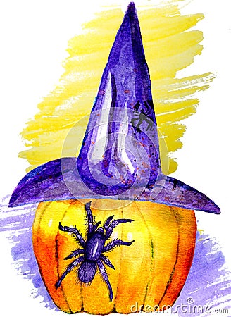 Watercolor illustration of Halloween pumpkin hat and spider Cartoon Illustration