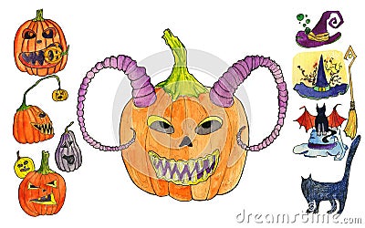 Smiling Jack-o-lantern with big teeth and demon horns. Lots of various small pumpkins, hats of witches, cats. Cartoon Illustration