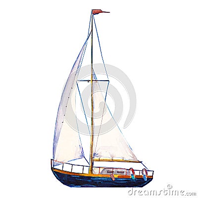 Watercolor illustration, hand drawn sailboat. Art cut out yacht sails, watercolor isolated objet on white Cartoon Illustration