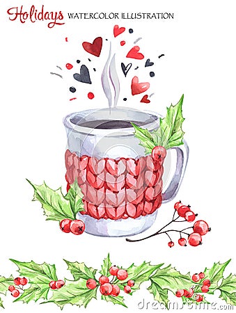 Watercolor illustration. Hand painted cup of hot drink with knitted case, rowan and leaves. Seamless floral border Cartoon Illustration