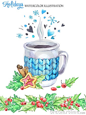 Watercolor illustration. Hand painted cup of hot drink with knitted case, rowan and leaves. Seamless floral border Cartoon Illustration