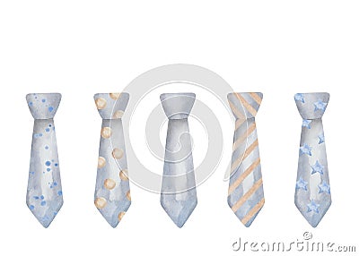 Watercolor illustration of hand painted grey, blue men neck ties with blue stars, brown dots, stripes Cartoon Illustration